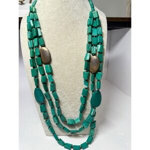 VTG Boho Turquoise Tone Plastic Beads Chunky 3 Strand Necklace 28-34"